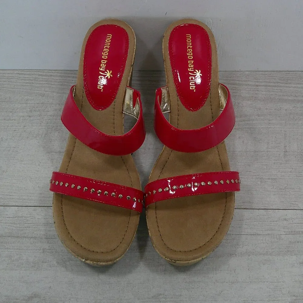 Montego Bay Club Sexy Cherry Red Platform Studded Open Toe Wedge Size 11W | Wide